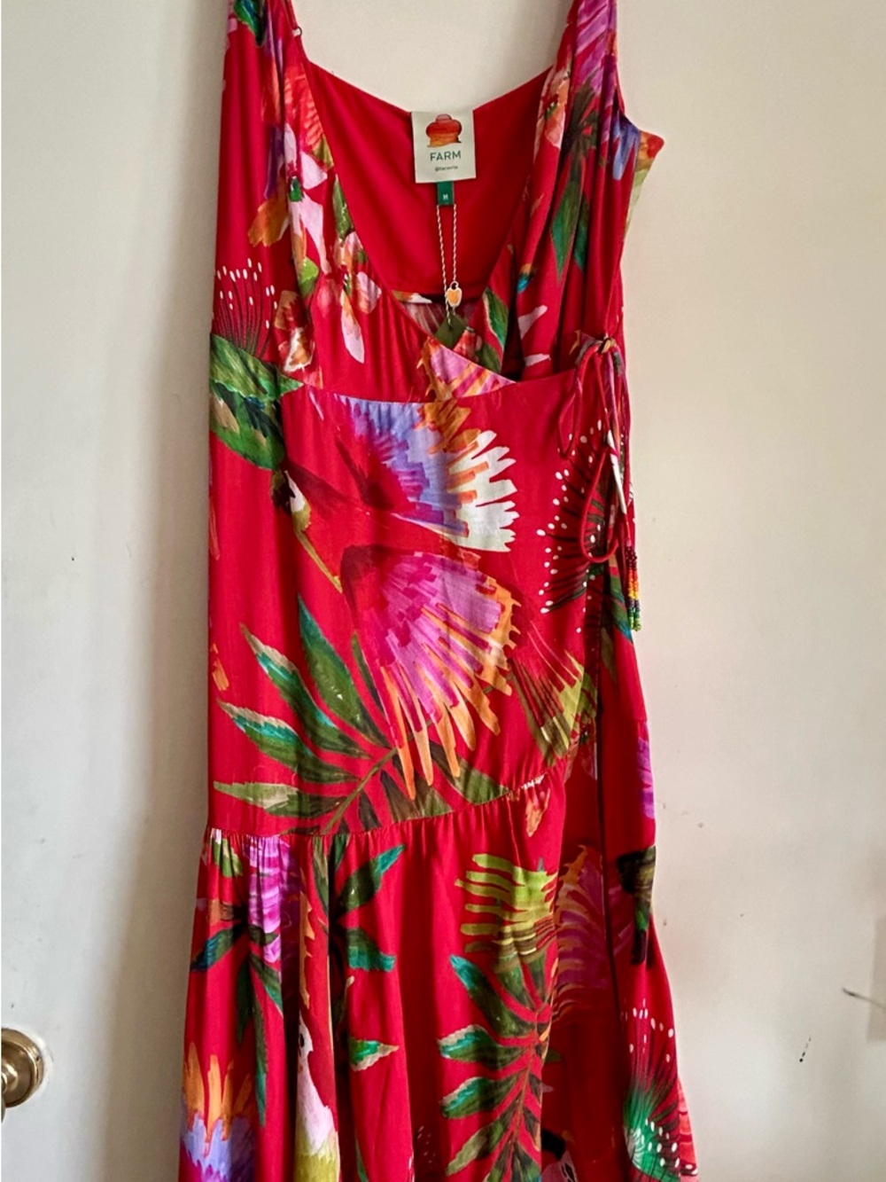 Farm Rio Red Macaw Wrap Dress Midi Ruffle Dress - NWT - Picture 4 of 6